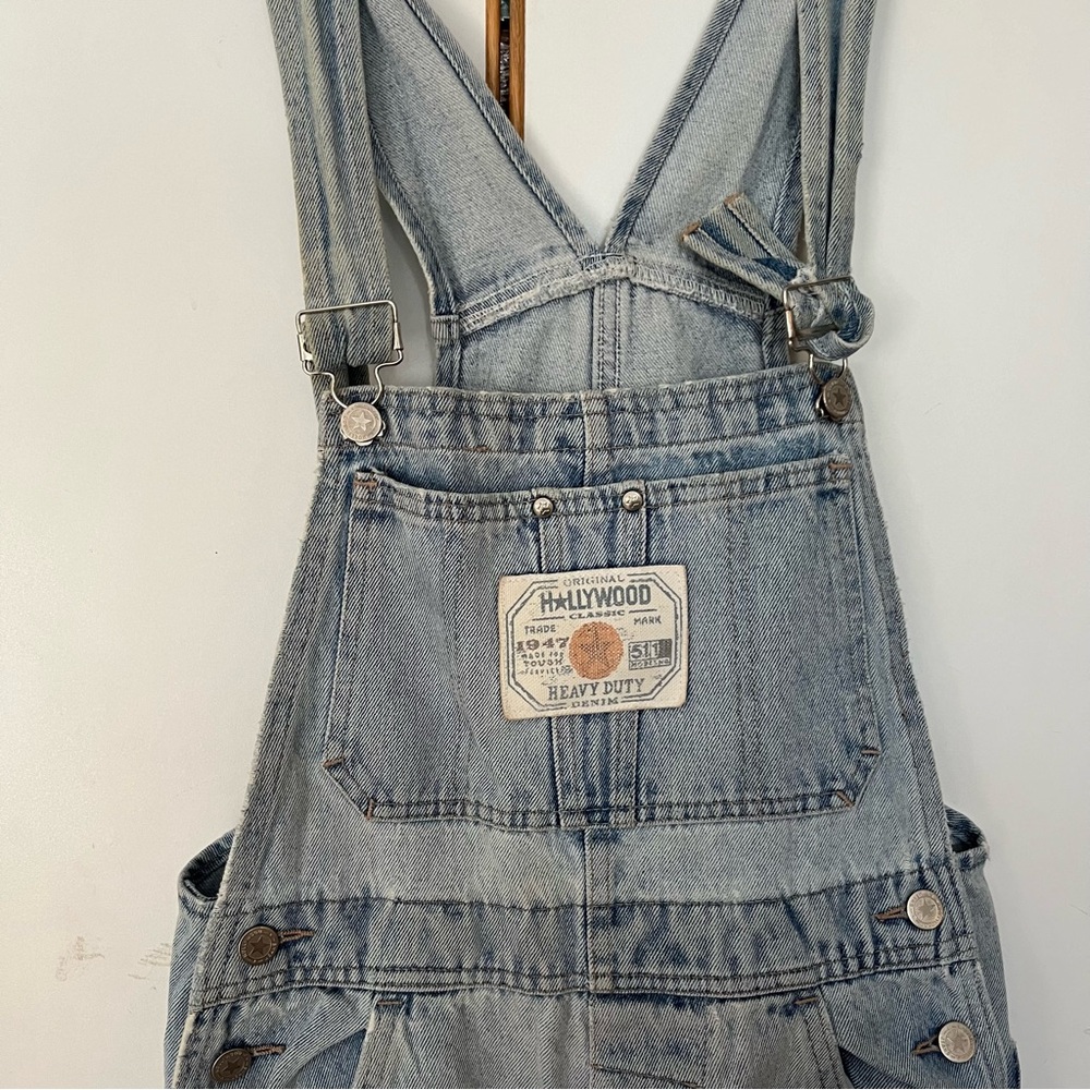 Vintage Light Wash Denim Overalls with Front Pocket Patch